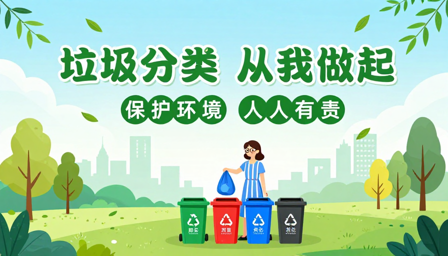 清新扁平插画环保海报，倡导绿色生活与垃圾分类