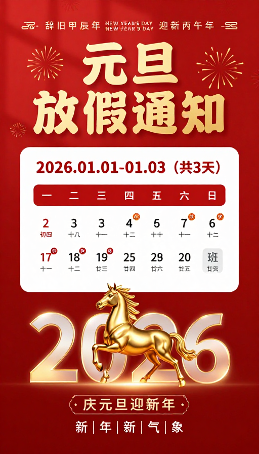 2026元旦放假通知·喜庆新年金红海报