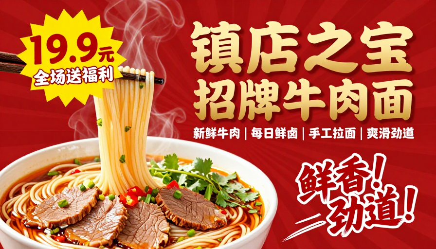 热烈促销：金色‘镇店之宝’牛肉面广告