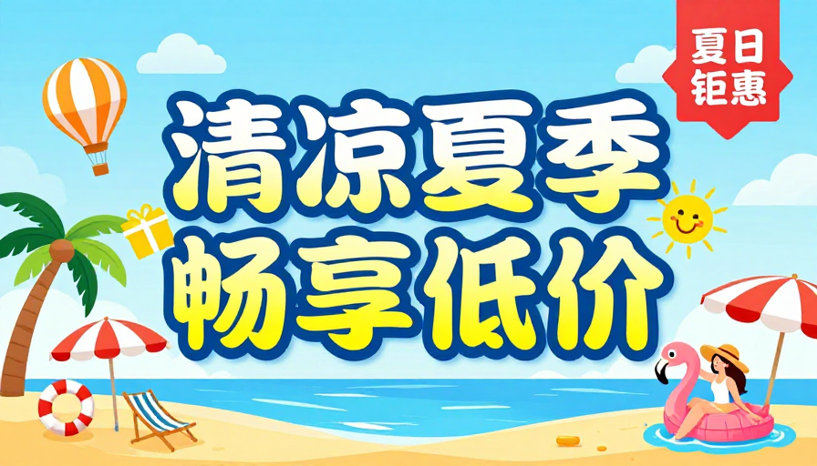 夏日清凉低价狂欢:清新海边促销插画海报