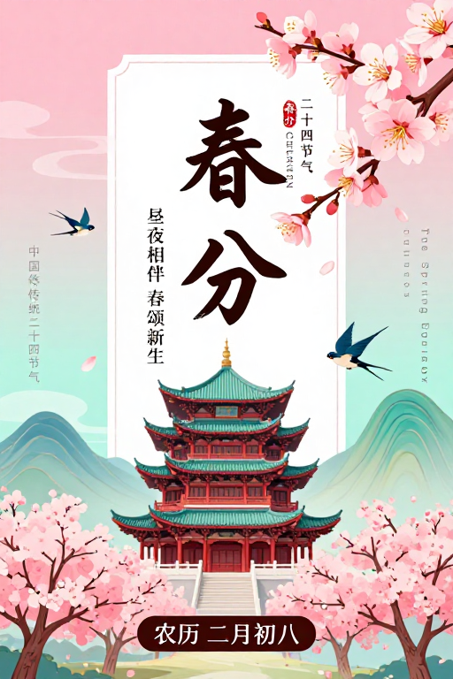 中国风春分海报:粉青渐变与樱花燕子共绘春日生机
