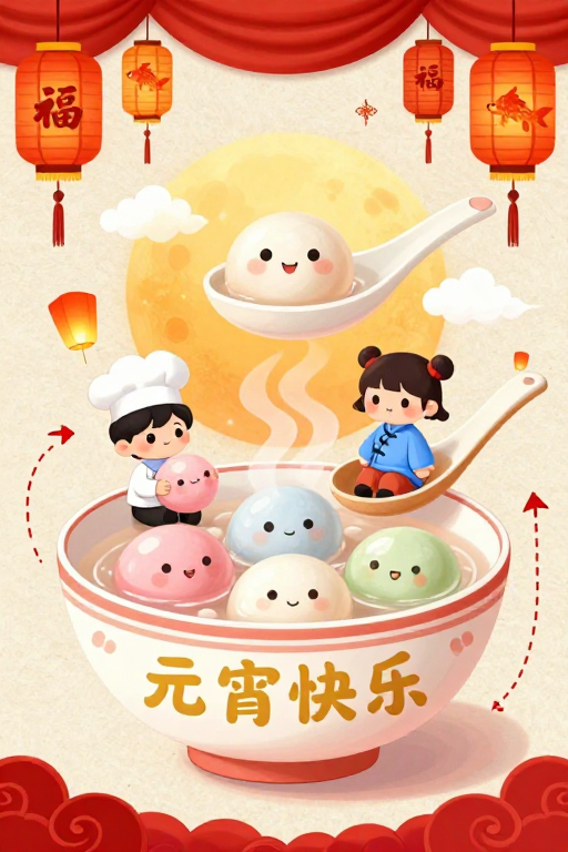 元宵佳节卡通汤圆国风插画