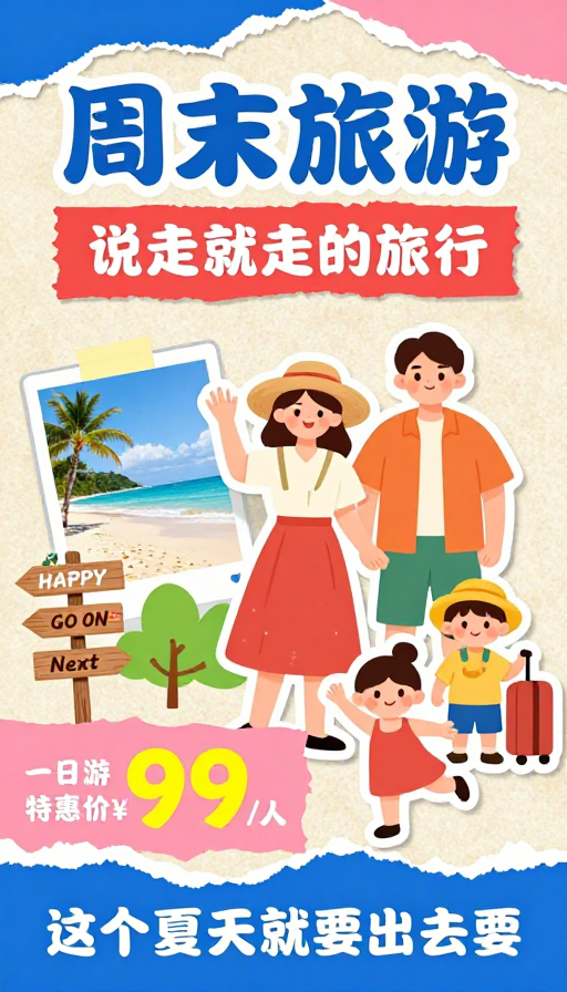 手绘夏日旅行:趣味手撕纸周末海报