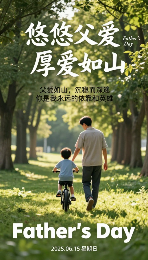 父亲节亲子温情海报：暖光林间背影