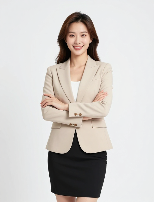 职场女性优雅风采：米色西装与自信微笑