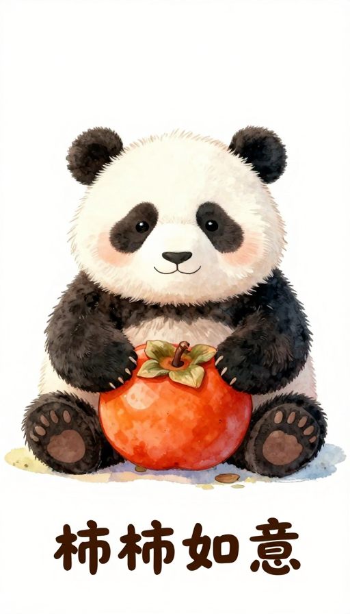 萌熊抱红柿：治愈系水彩插画