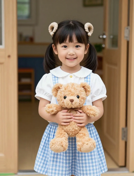 天真可爱的羊角辫女孩在幼儿园门口的瞬间