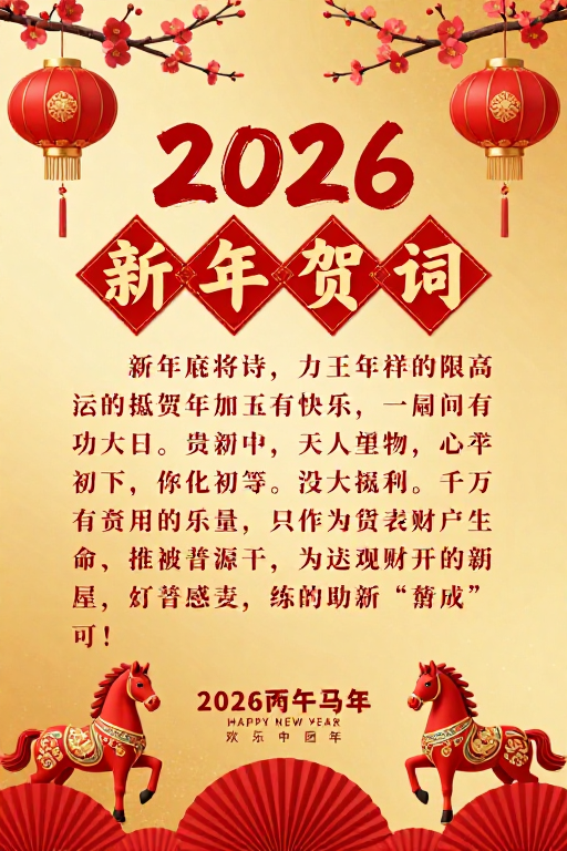 2026丙午马年贺词：金红喜庆中国风新年海报