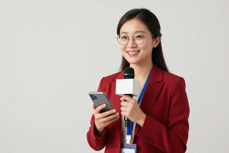 亚洲女主持专业形象摄影：红色西装与暖光质感