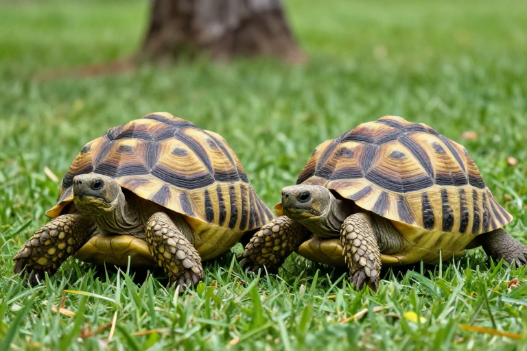 双龟漫步翠绿草甸：自然生态的和谐之美