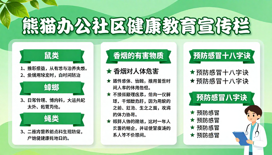 绿色健康社区教育海报:熊猫办公清新生态设计