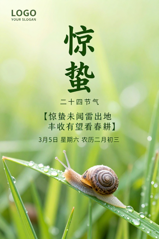 惊蛰生机:清新微距摄影的自然节气海报