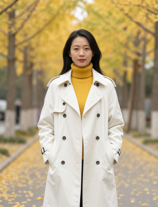 银杏大道上的鹅黄风衣女子：秋日优雅人像