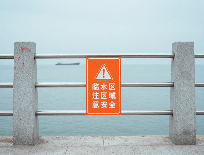 临水安全警示：橙色护栏守护宁静海域