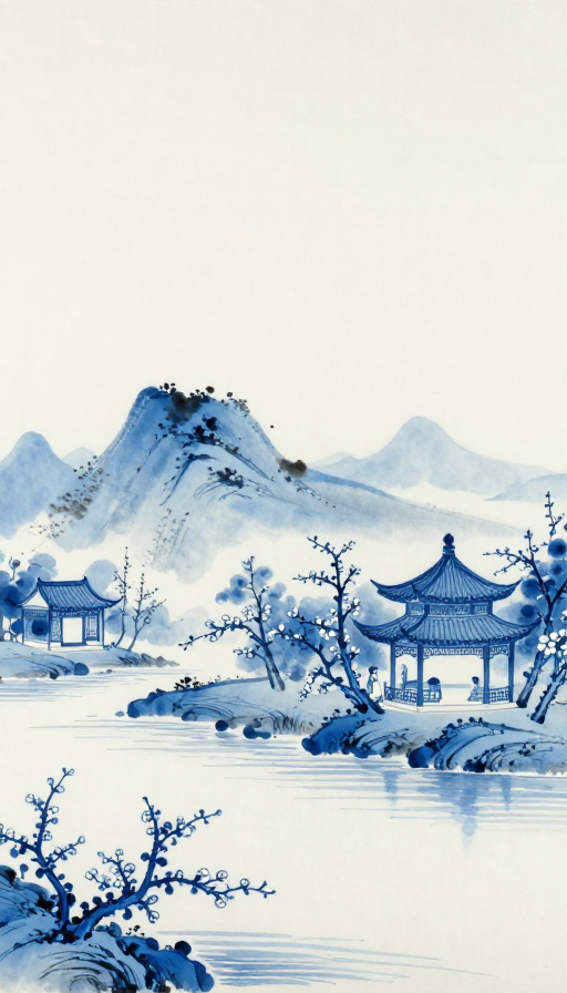 青花瓷韵:宋代水墨山水与杏花春色长卷