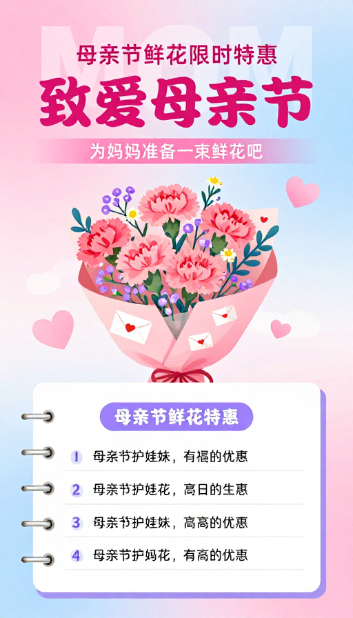 母亲节鲜花创意插画海报：温馨特惠宣传
