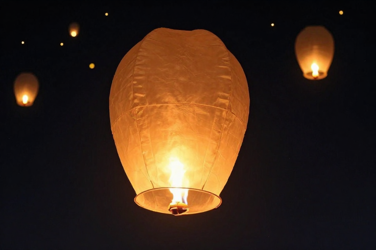 夜空孔明灯升空，温暖光影点亮节日氛围