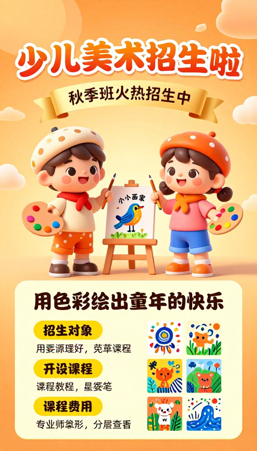 童趣秋招·3D卡通少儿美术招生海报