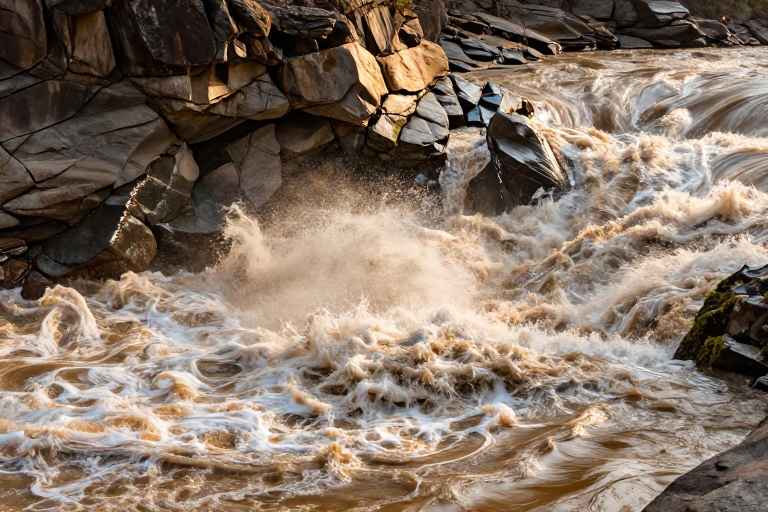 湍急黄河水击撞嶙峋岩壁 金色波光映自然