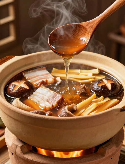 中式砂锅菌菇肉汤热气腾腾