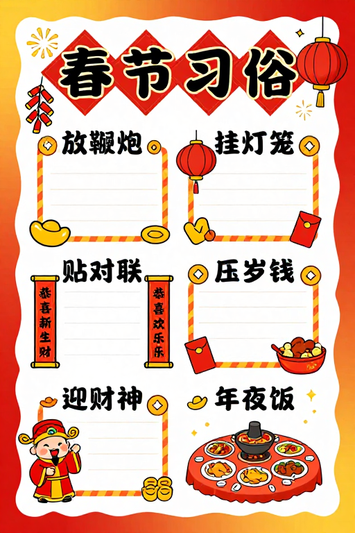 喜庆春节习俗手绘宣传图