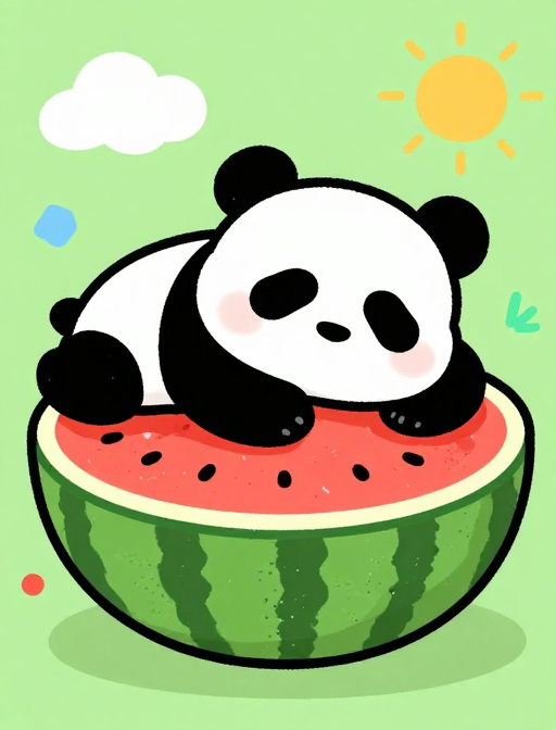 手绘扁平熊猫瓜间小憩色彩活泼插画