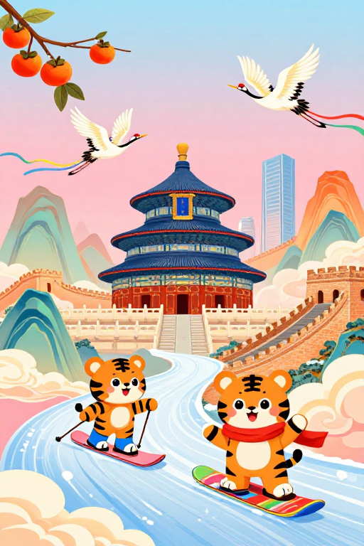 粉蓝童话风：传统建筑与童趣滑雪的梦幻融合