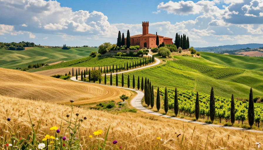 托斯卡纳红砖古堡：阳光下的田园风光