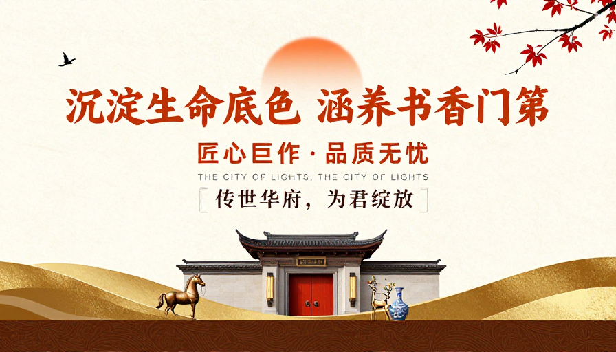 中式高端地产宣传海报：书香底蕴与尊贵品质融合