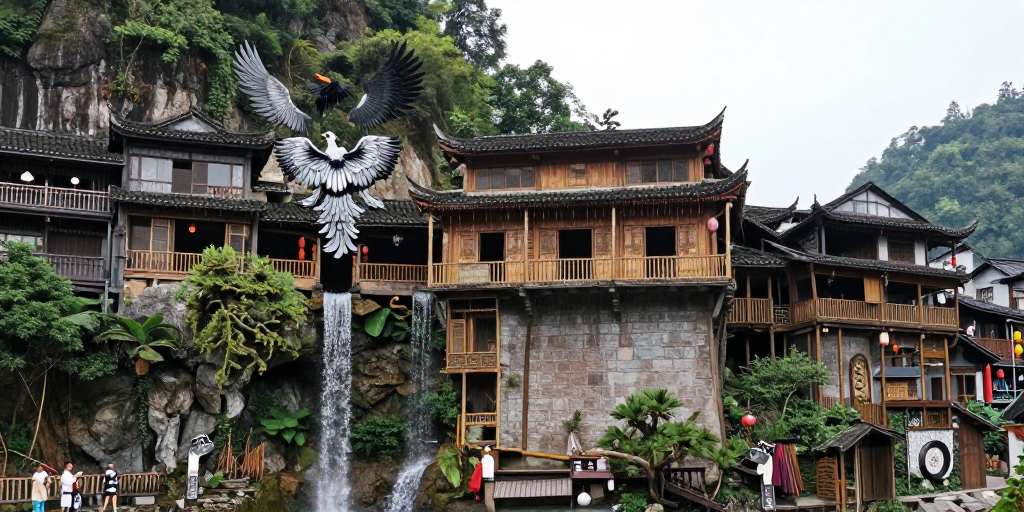凤凰筑崖：部落奇幻建筑与流水的梦幻邂逅
