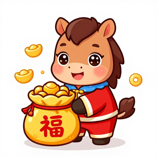 喜庆吉祥的卡通马:身穿红服抱金元宝,福运满满