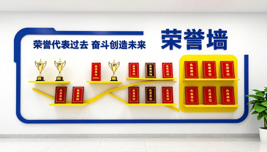 现代企业荣誉墙:蓝黄白配色专业展示设计
