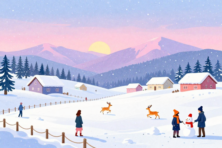冬日梦幻雪景插画，温暖落日与童话小屋