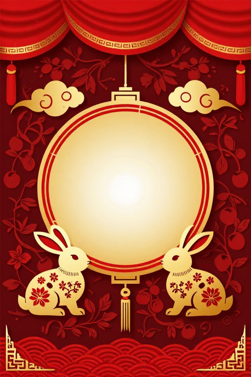 传统剪纸新年装饰画：金兔祥云留白设计