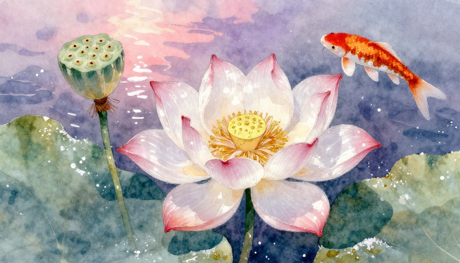 夏日水彩荷韵：透明花瓣与晚霞锦鲤的艺术画卷