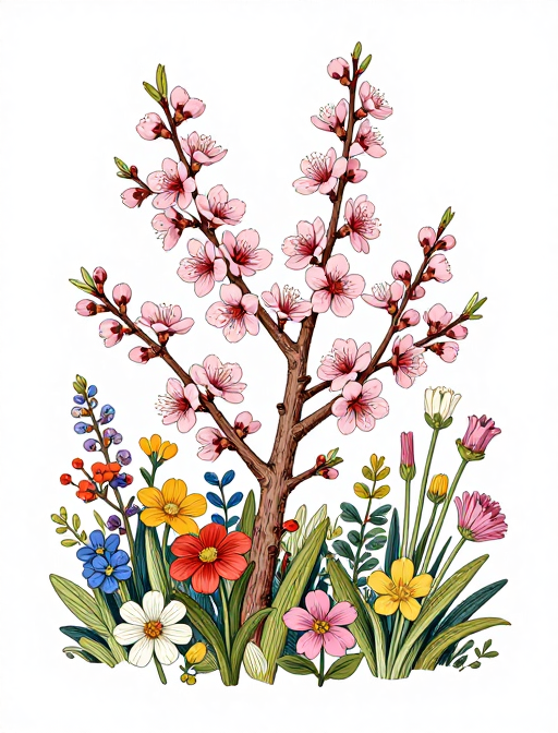 红图风桃花手绘蚀刻画,治愈系8K艺术壁纸