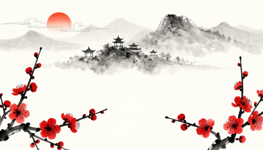 水墨留白山水：朱红梅花点缀的东方意境