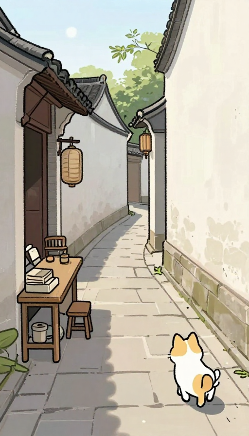 古朴蜿蜒小巷，简笔画勾勒萌宠阳光暖景