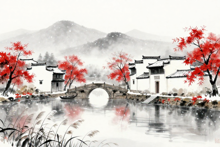 水墨江南雪景·朱槿映桥