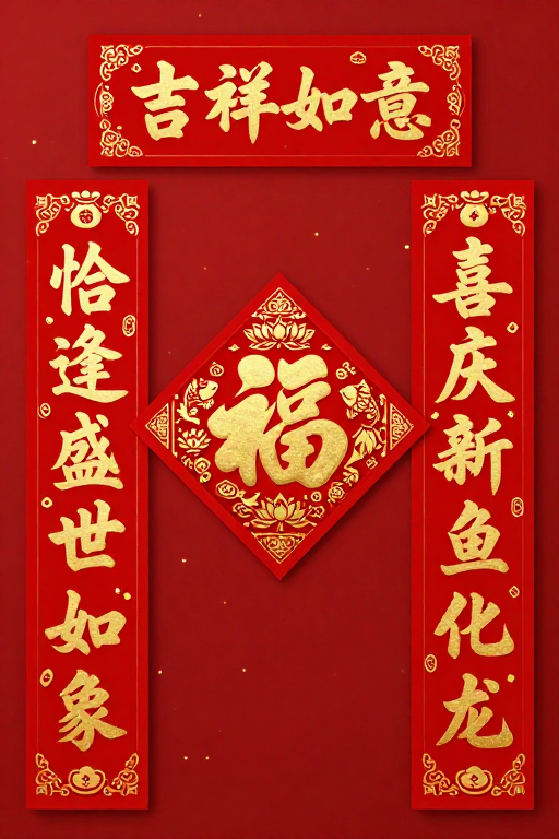 喜庆中国风春节对联设计，吉祥富贵