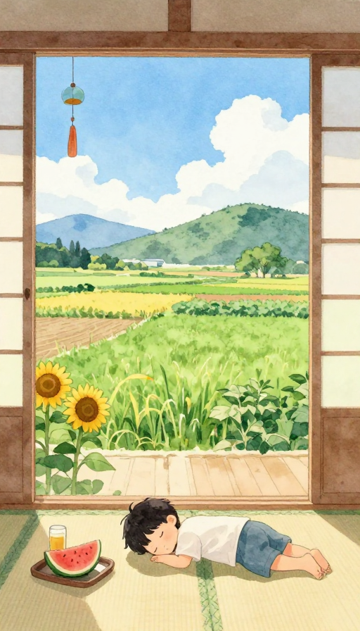 柔美水彩夏日田园：日式窗景中的宁静午后