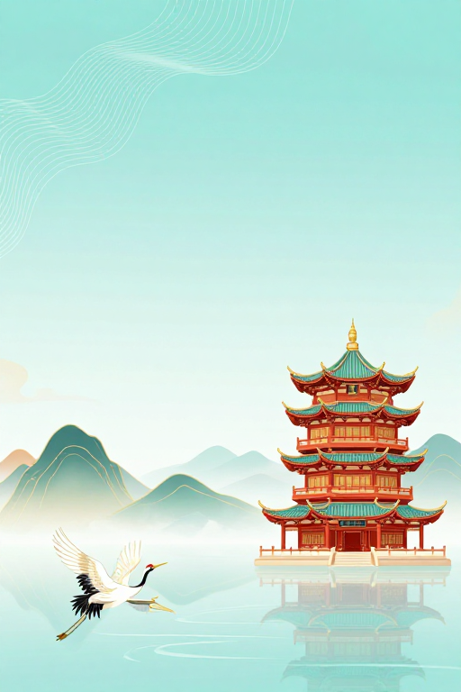 青蓝山水·东方古韵：典雅中式宝塔与自然景观的和谐意境