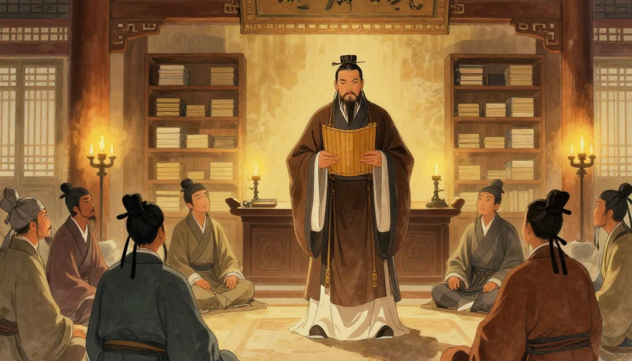 古风孔子讲学图：深褐长袍竹简传承智慧