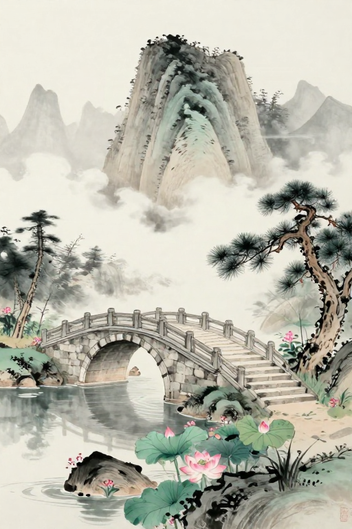 水墨丹青：灰白山峦与粉荷静景的传统意境