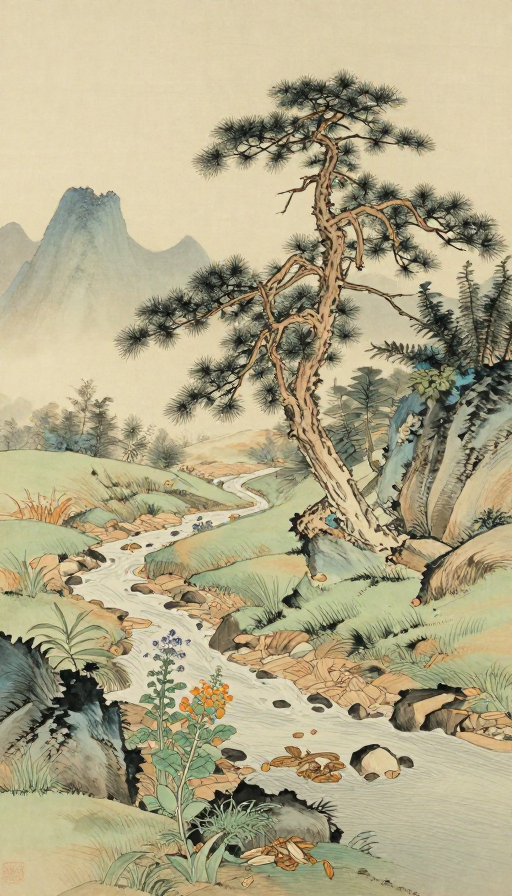国画《黄帝内经》养生图：秋收山草药与古松