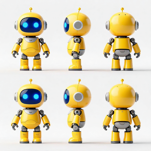Q版智能机器人三视图设计，科技蓝黄配色展示
