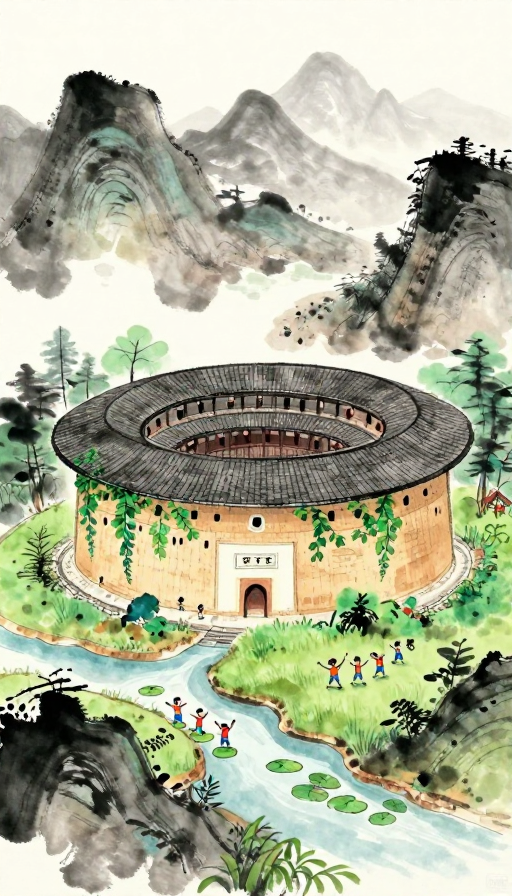 水墨童趣：客家土楼微景观中的小矮人舞会