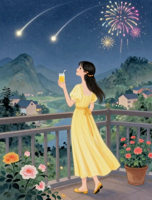 鹅黄裙少女观星烟火