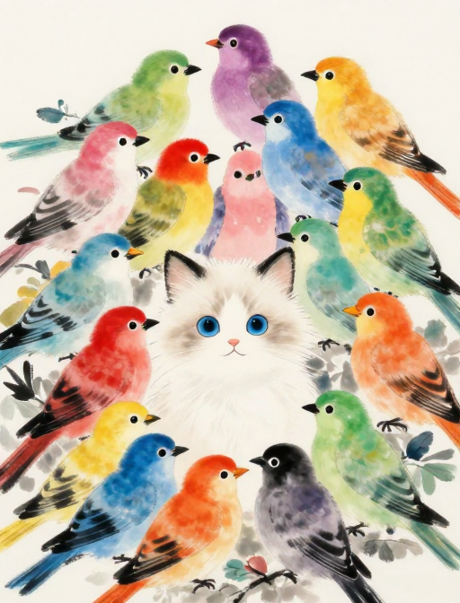 治愈水墨萌猫：五彩鸟群与白猫共生
