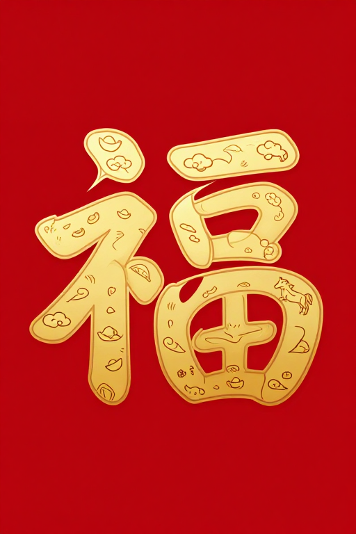 现代扁平化‘福’字艺术:金色祥云纹饰红色背景新春祝福
